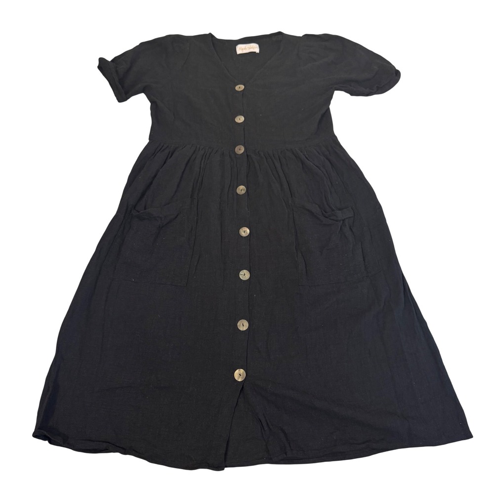 Mypah Penaloza Button Front Dress Womens OS 100% Cotton Pocket Midi Casual Black